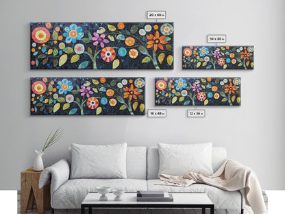 Mosaic Wall Art Wildflower Painting Framed Canvas Print, Botanical Print Horizontal Artwork, Whimsical Art Piece Above Sofa Decor