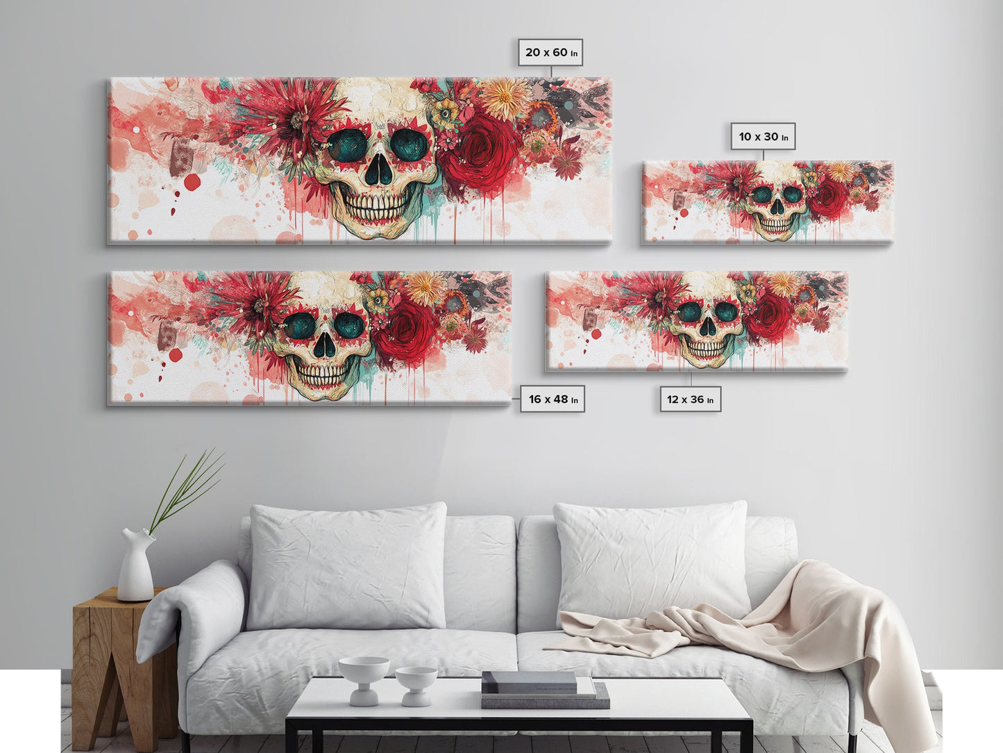 Vibrant Skull Art Framed Canvas Print, Dark Angels Wall Art with Floral Design, Skull and Rose Painting, Gothic Floral Home Decor, Boho Wall Art