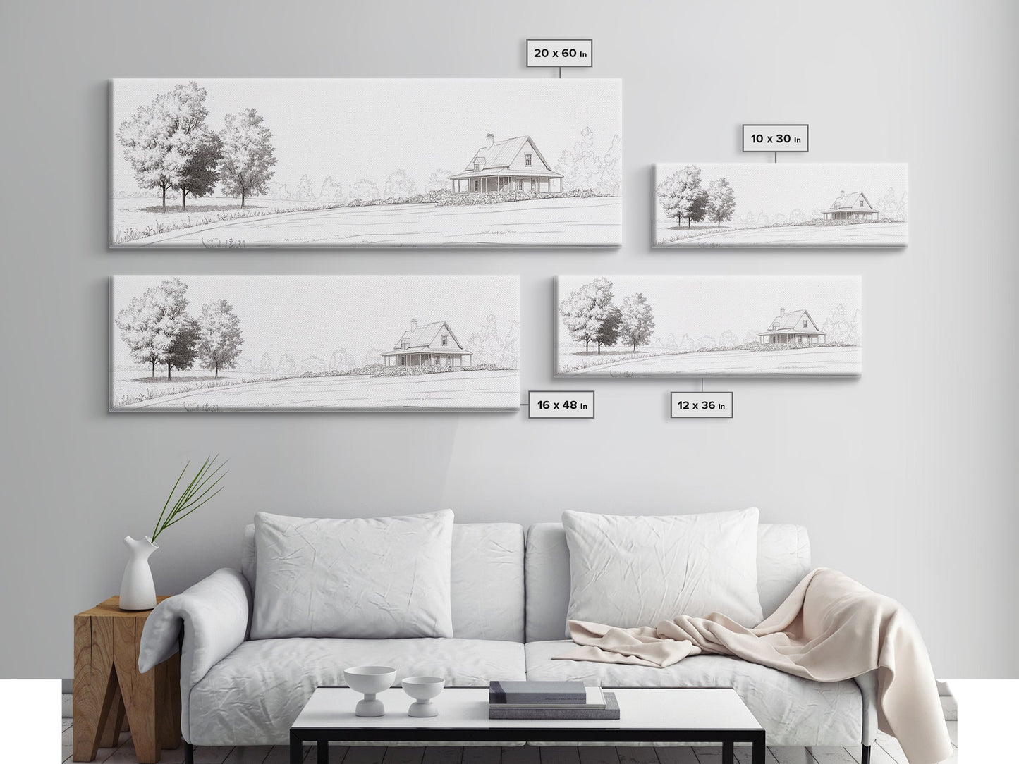 Rustic Farmhouse Framed Canvas Print, Black and White Landscape Art, Above Sofa Wall Art Minimalist Living Room Country Decor