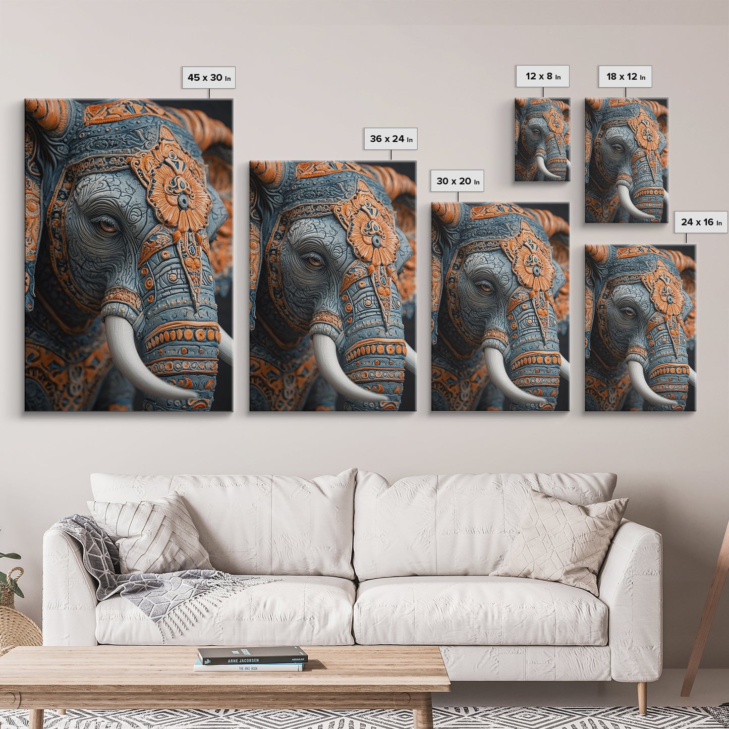 Detailed Elephant Face Framed Canvas Print – Kerala Mural Art, Sacred Geometry Decor, Ganesh Wall Art Rustic Boho Inspired Room Decor