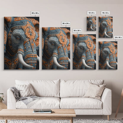 Detailed Elephant Face Framed Canvas Print – Kerala Mural Art, Sacred Geometry Decor, Ganesh Wall Art Rustic Boho Inspired Room Decor