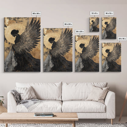Golden Angel Wings Framed Canvas Print Dark Angel Wall Art Moody Gothic Artwork Gold Abstract Print Rustic Wall Decor Gift Idea