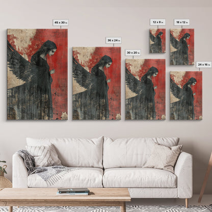 Gothic Angel Red Background Canvas Print Dark Angels Wall Art Moody Gothic Artwork Abstract Art Print Rustic Decor Gift Idea