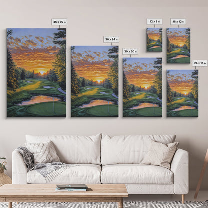 Scenic Golf Sunset Framed Canvas Print, Landscape Painting, Bedroom Wall Art, Rustic Decor, Horizontal Living Room Art