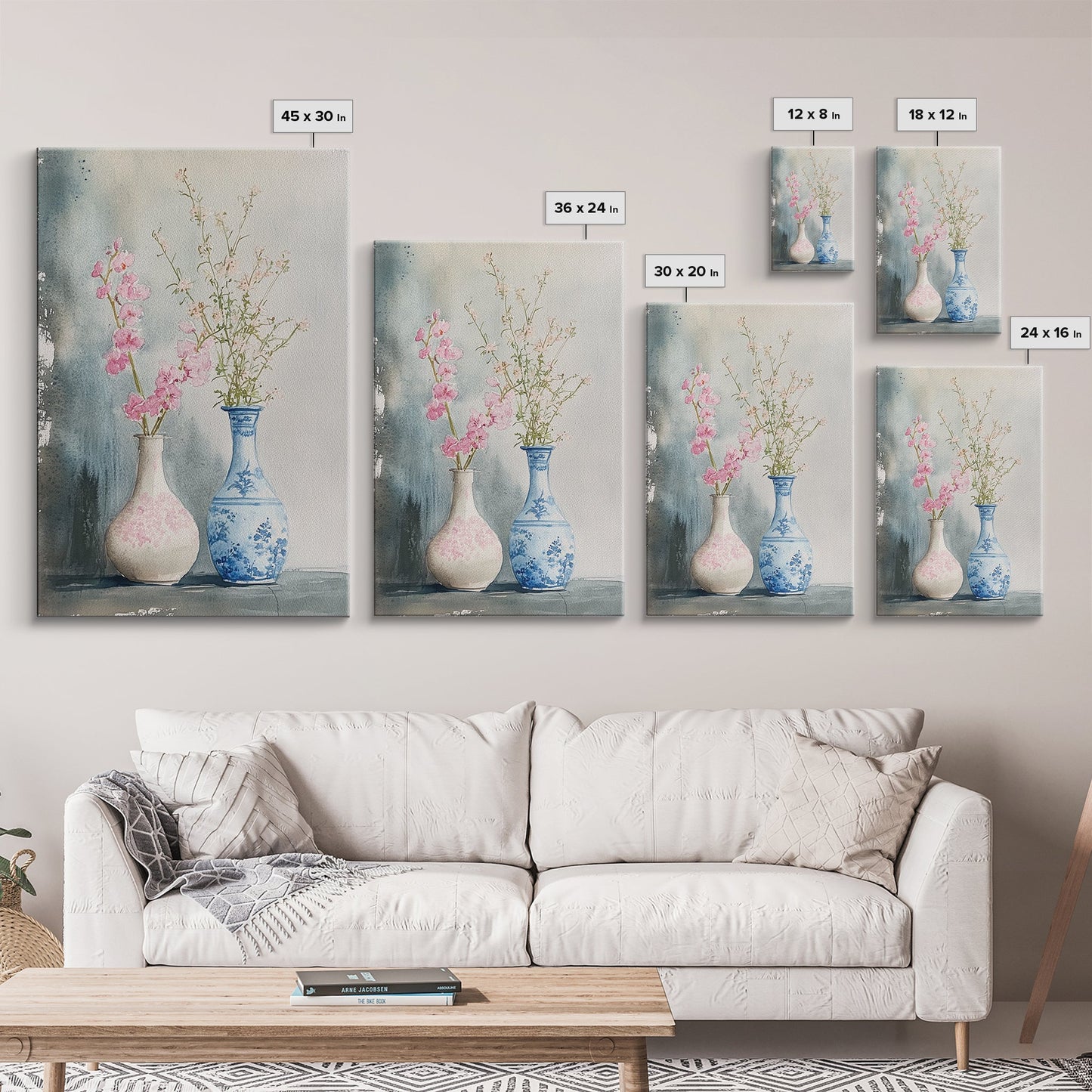 Delicate Vases Framed Canvas Print Wildflower Painting Botanical Prints Minimalist Art Light Pink Wall Art Rustic Decor Gift Idea