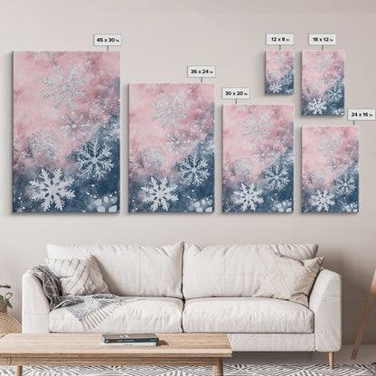 Snowflake Winter Light Pink Wall Art Framed Canvas Print | Wabi Sabi Minimalist Christmas Art | Cozy Holiday Living Room Decor