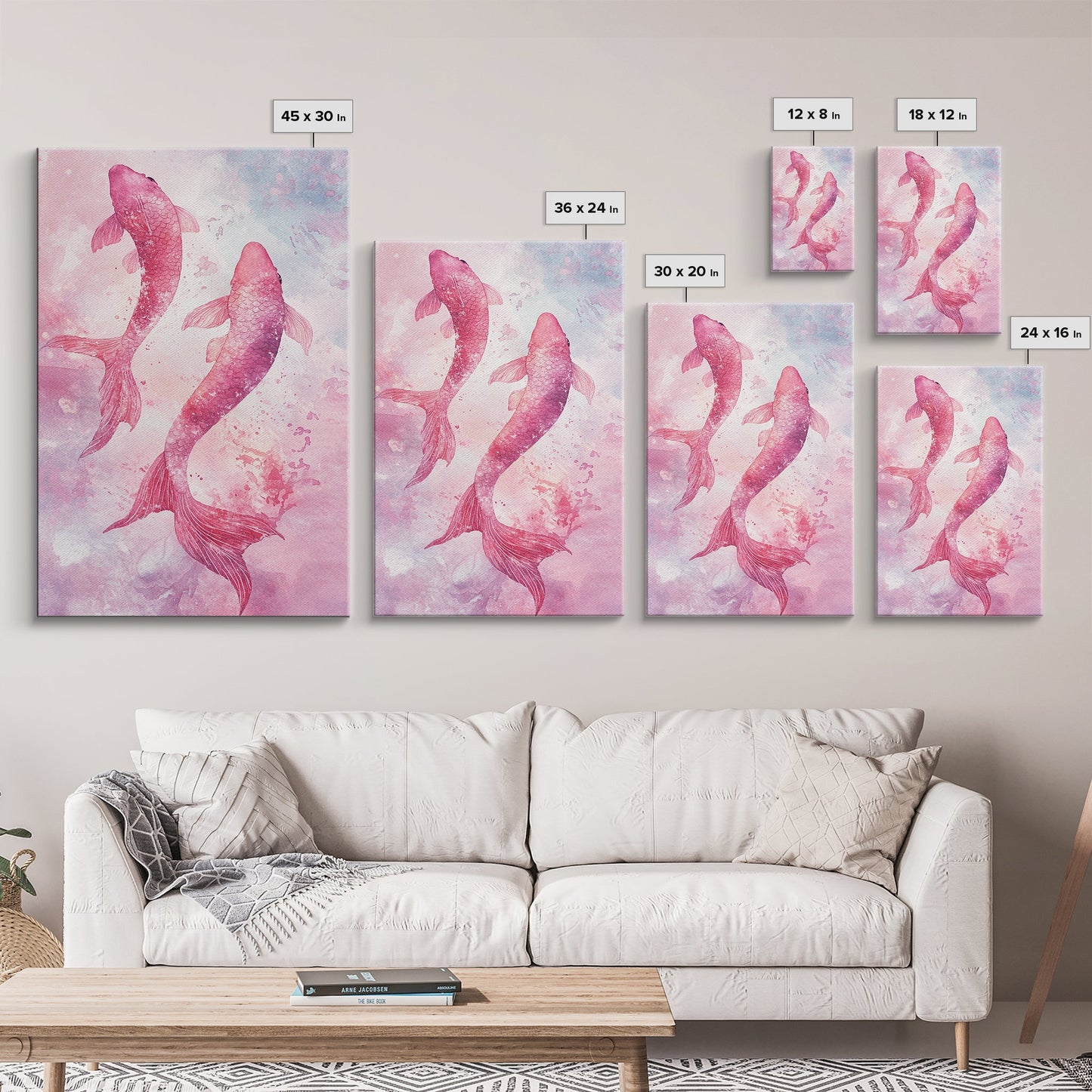 Watercolor koi fish painting in vibrant pink tones, perfect bedroom decor, framed canvas print, whimsical art above bed wall art