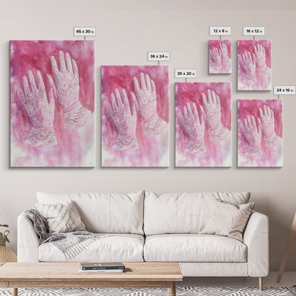 Light Pink Wall Art Canvas Print, Delicate Lace Gloves Illustration, Victorian-Inspired Art, Rustic Decor Bedroom Guest Room Gift