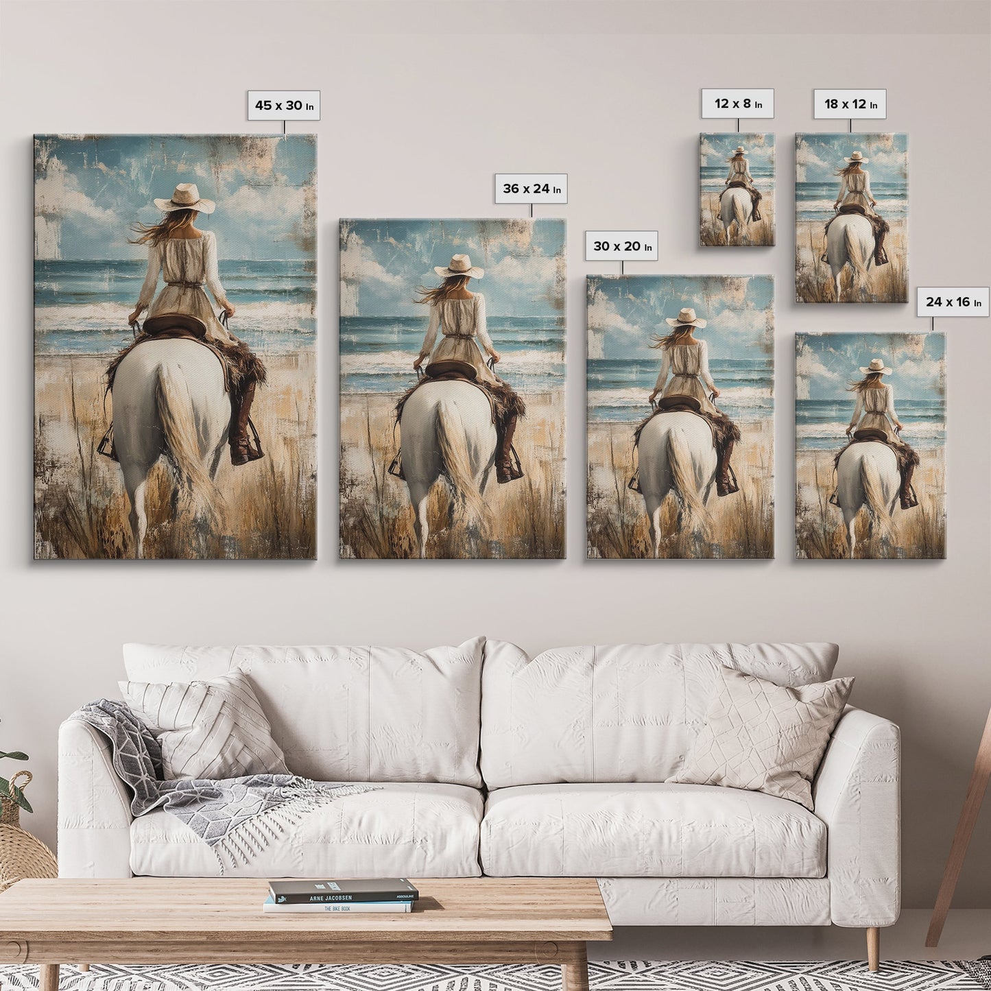 Rustic Horseback Beach Scene Canvas Print Coastal Cowgirl Wall Art Rustic Decor Western Art Nautical Decor Bedroom Living Room Accent