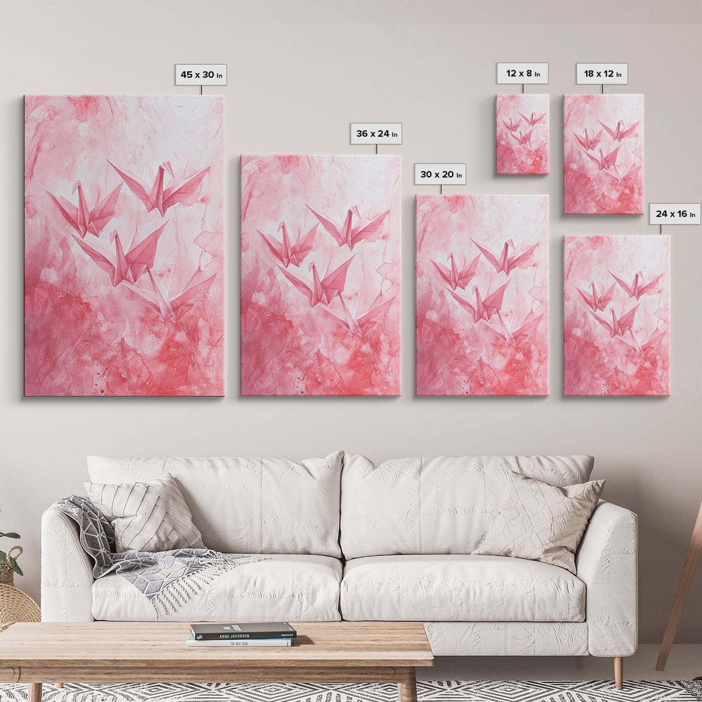 Origami Cranes Canvas Print Japanese Inspired Light Pink Wall Art Whimsical Minimalist Rustic Aesthetic Unique Gift Idea Art