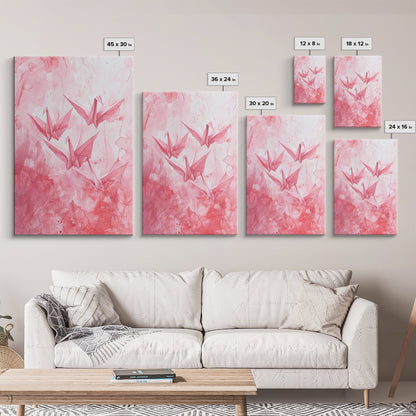 Origami Cranes Canvas Print Japanese Inspired Light Pink Wall Art Whimsical Minimalist Rustic Aesthetic Unique Gift Idea Art