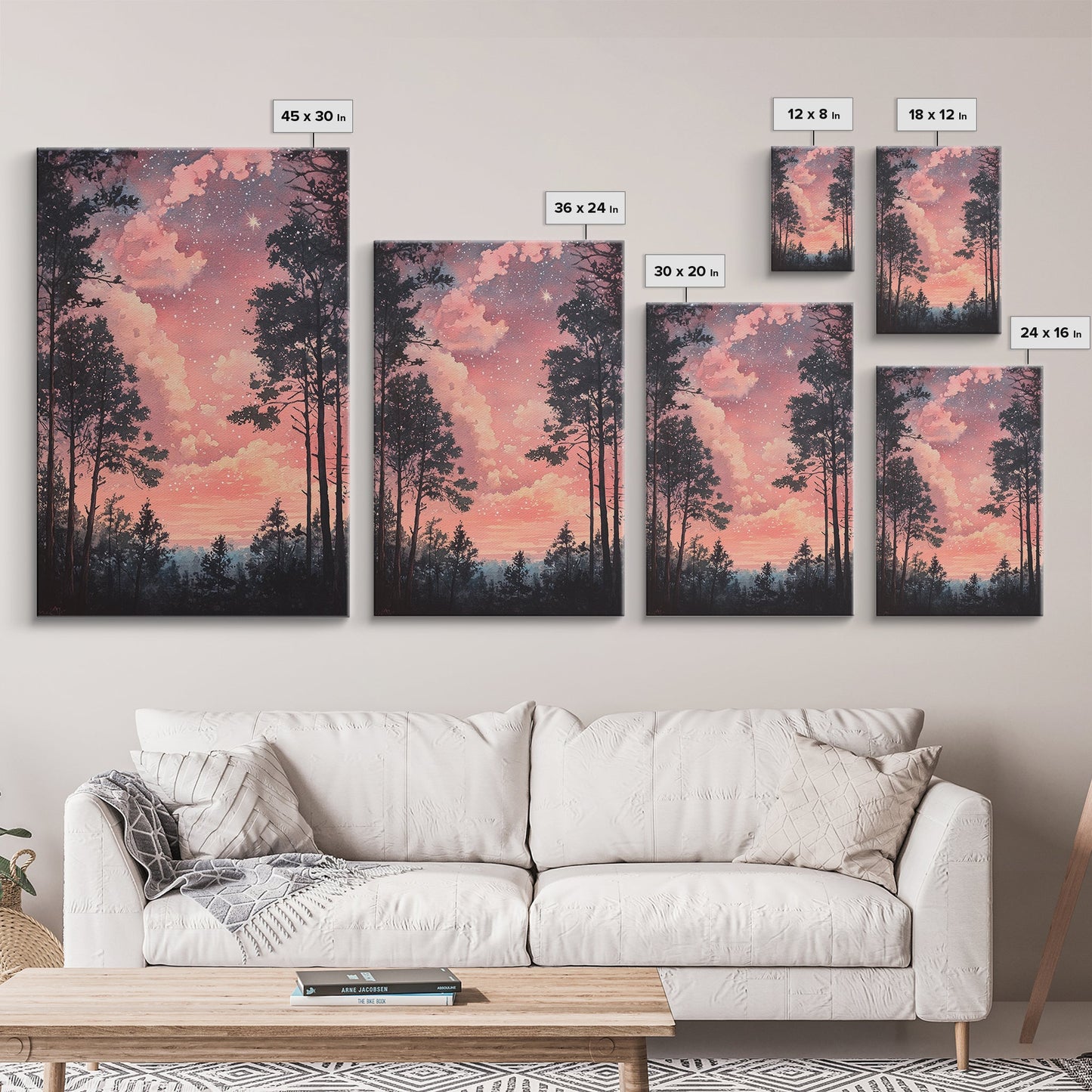 Starry forest scene painting on framed canvas print, forest at dusk painting, smoky mountain art, wabi sabi art, above couch decor