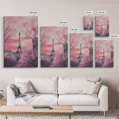 Paris Eiffel Tower Canvas Print Cherry Blossom Painting Romantic Cityscape Art Bedroom Wall Art Boho Dorm Rustic Decor Gift