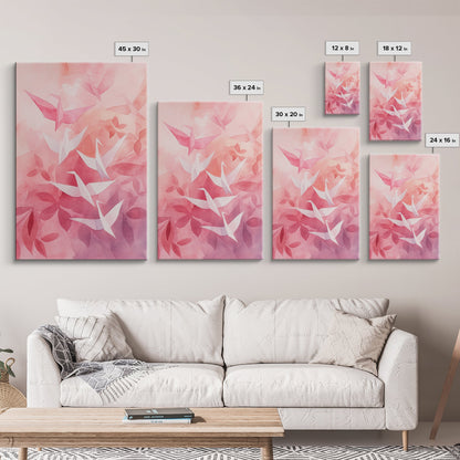 Origami Crane Painting Framed Canvas Print Whimsical Wall Art Light Pink Room Decor Minimalist Art Cherry Blossom Inspired Gift Idea