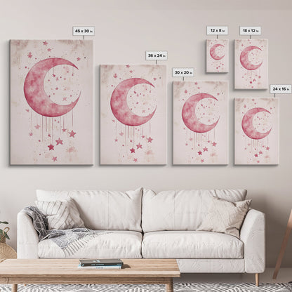 Crescent Moon and Stars Framed Canvas Print Mystical Boho Art Zen Wall Art Light Pink Wall Art Bedroom Art Dreamy Night Sky Decor