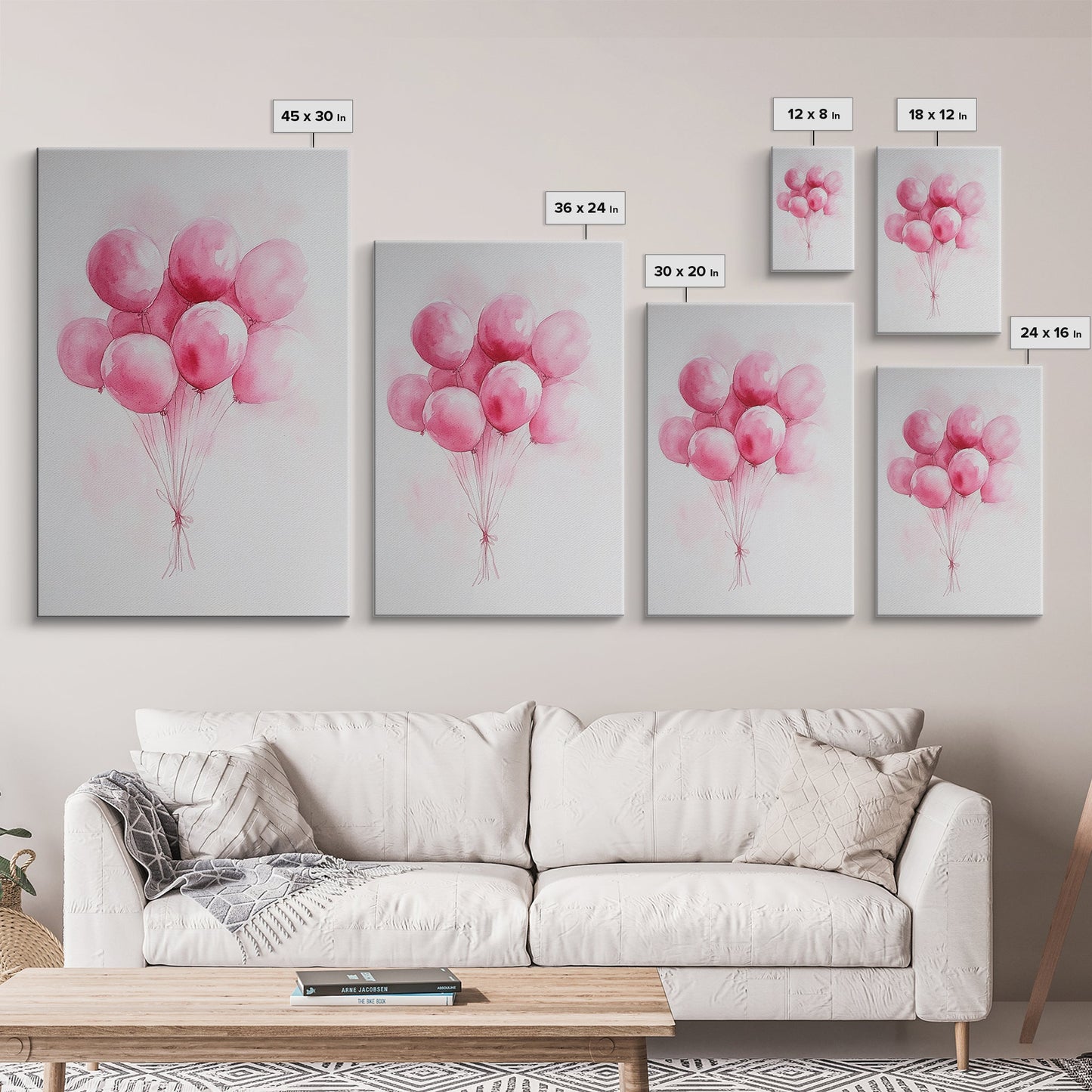 Pink Abstract Balloon Bouquet Framed Canvas Print, Whimsical Party Wall Art Light Pink Decor, Ideal Rustic Bedroom Aesthetic