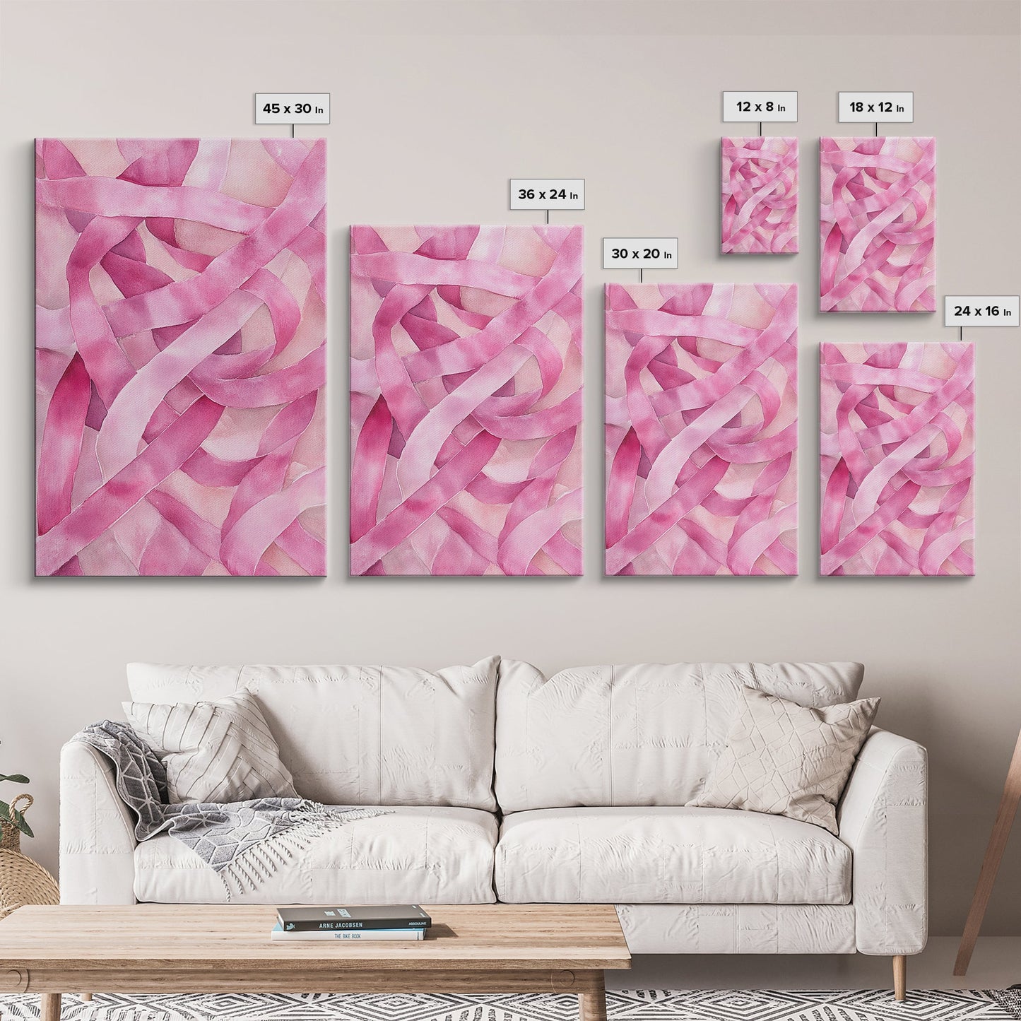 Abstract light pink wall art modern ribbons canvas print perfect addition to minimalist aesthetic boho decor vertical skinny art