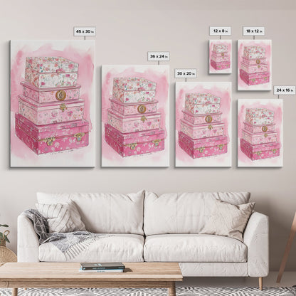 Floral stackable decorative boxes framed canvas print chic boho decor whimsical rustic art idea cozy wall decor charming bedroom addition