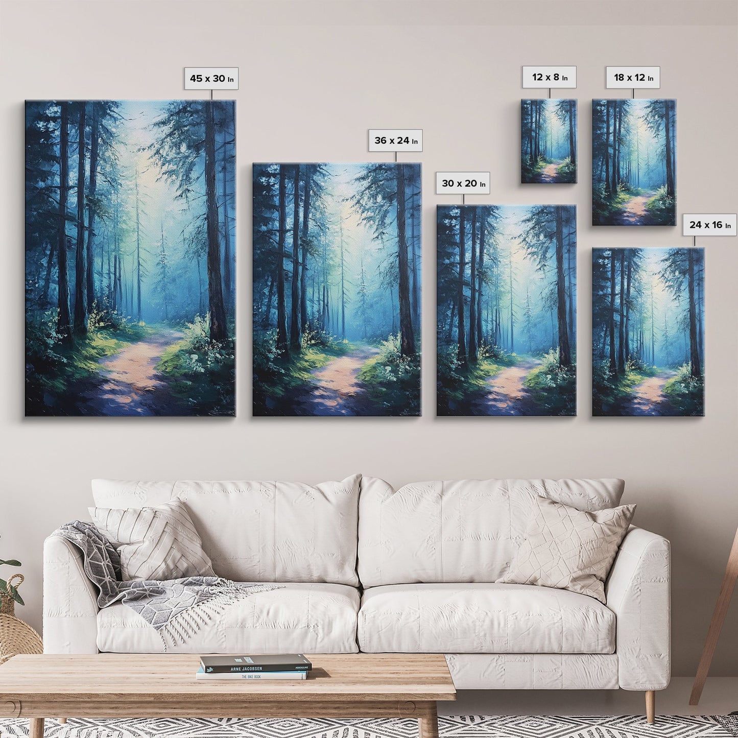 Enchanting Forest Canvas Print, Moody Blue Landscape Painting with Pine Tree Art, Above Sofa Rustic Wall Artwork