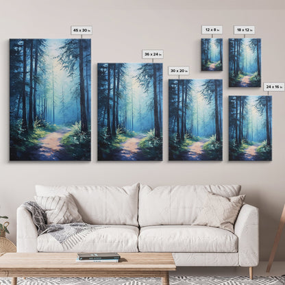 Enchanting Forest Canvas Print, Moody Blue Landscape Painting with Pine Tree Art, Above Sofa Rustic Wall Artwork