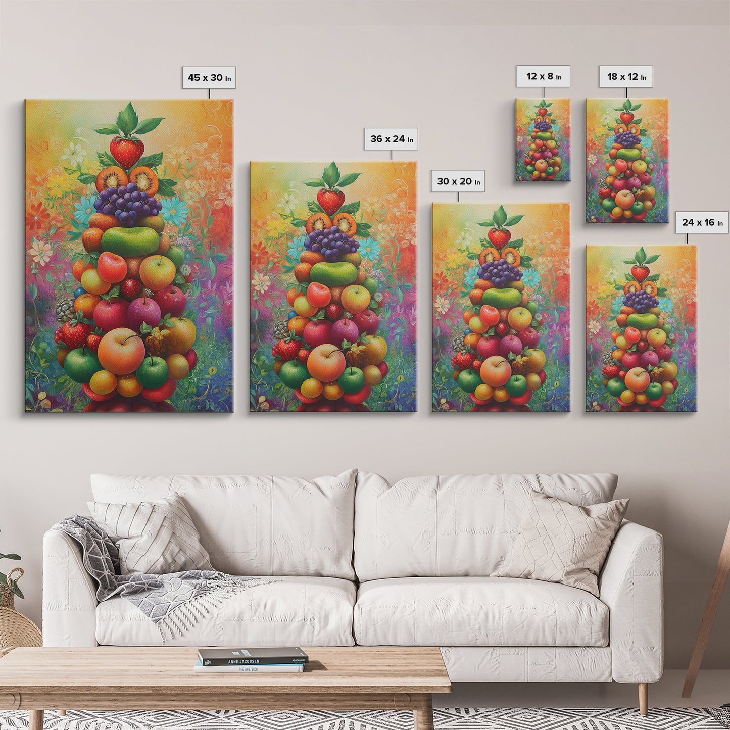 Fruit Pyramid Canvas Print with Whimsical Still Life Art, Vibrant Food Review Wall Art, Rustic Farmhouse Decor for Kitchen or Dining Area