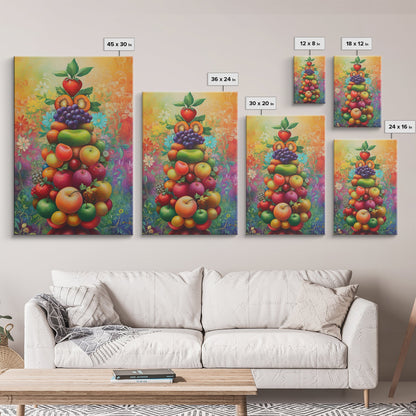 Fruit Pyramid Canvas Print with Whimsical Still Life Art, Vibrant Food Review Wall Art, Rustic Farmhouse Decor for Kitchen or Dining Area