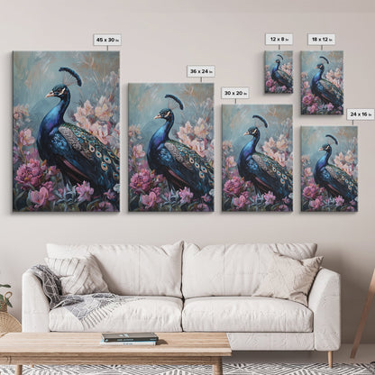 Graceful Peacock Floral Framed Canvas Print | Botanical Bird Art | Chinoiserie Wall Decor | Elegant Tropical Painting | Home Accent