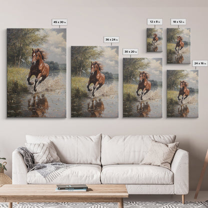 Splashed Stallion Crossing Water Framed Canvas Print Vintage Horse Art Rustic Wall Art Living Room Gift Idea Boho Style
