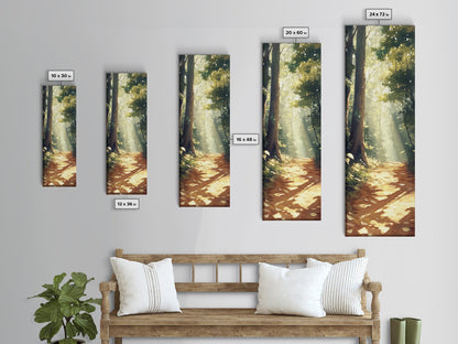 Forest Path, Sunlit Trees, Woodland Art, Framed Canvas Print, Landscape Painting, Tall Narrow Art, Rustic Décor