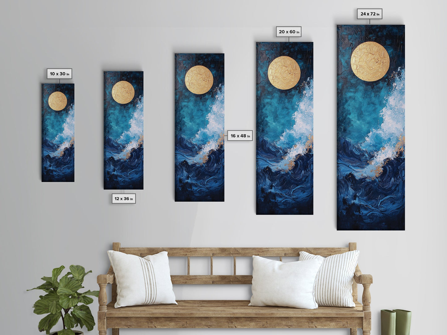 Golden Moon, crashing waves, nautical painting, moody art, coastal wall art, wabi sabi art, framed canvas print, ocean painting