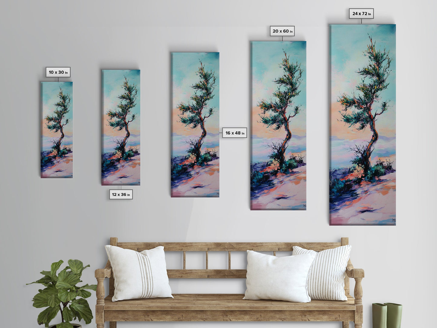Windblown Tree, Joshua tree art, southwest wall art, rustic decor, landscape painting, framed canvas print, tall skinny art