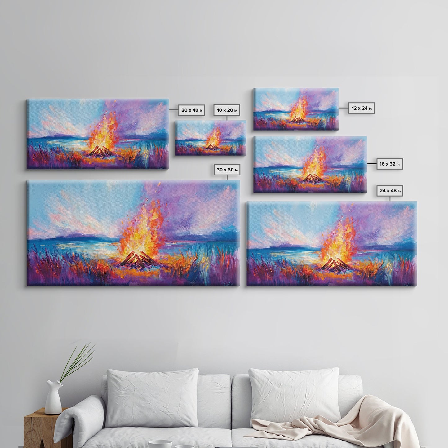 Lagerfeuer bei Sonnenuntergang, Küstenmotiv, Wandbild in Rosa und Orange, Extra breites Bild, Horizontales Wandbild, Gerahmter Leinwanddruck, Stimmungsvolle Kunst