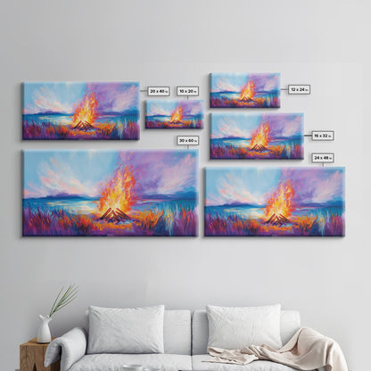 Lagerfeuer bei Sonnenuntergang, Küstenmotiv, Wandbild in Rosa und Orange, Extra breites Bild, Horizontales Wandbild, Gerahmter Leinwanddruck, Stimmungsvolle Kunst