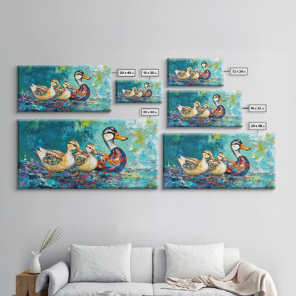 Entenfamilie, Vogelkunst, verspielte Kunst, türkisfarbene Wandbilder, Geschenkidee für sie, Landschaftsmalerei, extra breite Kunstwerke, gerahmter Leinwanddruck