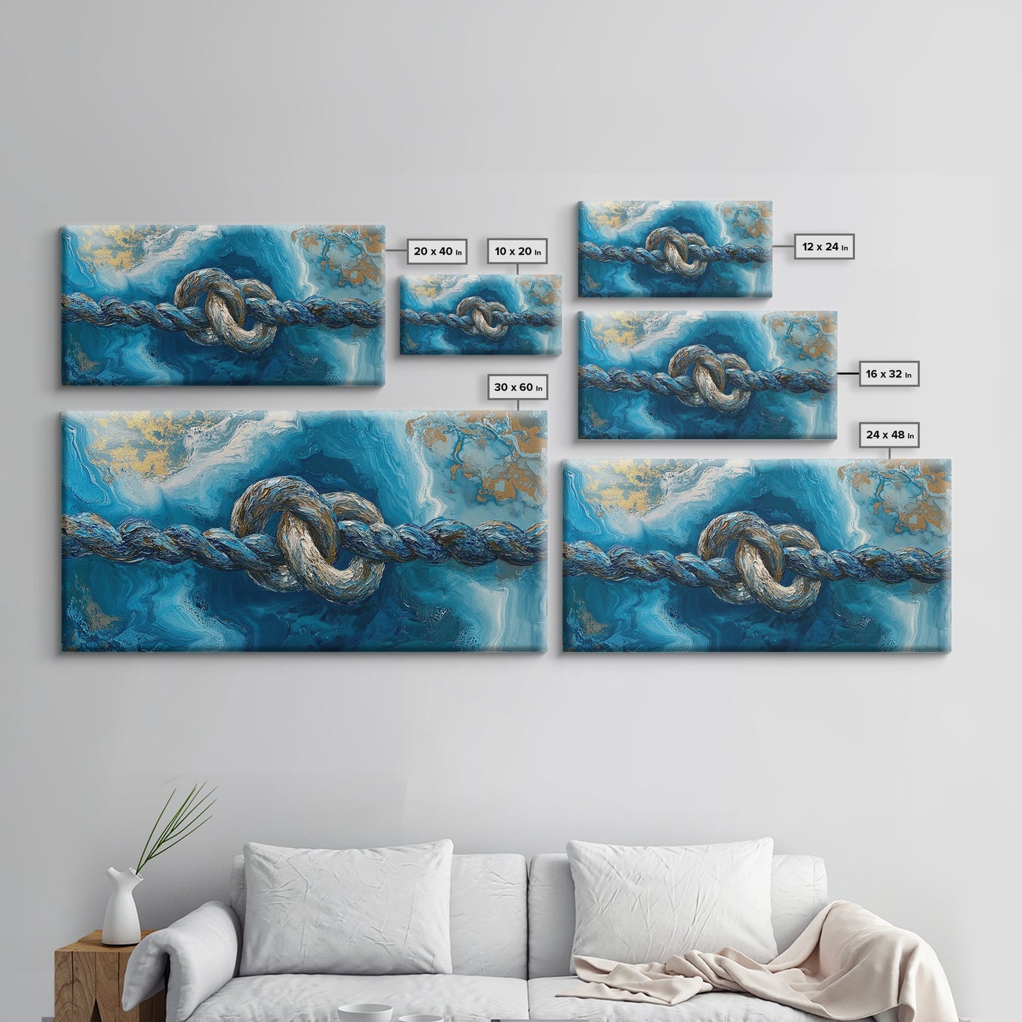 Ozeanseil, maritime Dekoration, blau-goldene Wandkunst, Küstenmalerei, Seestückmalerei, horizontale Wandkunst, gerahmter Leinwanddruck