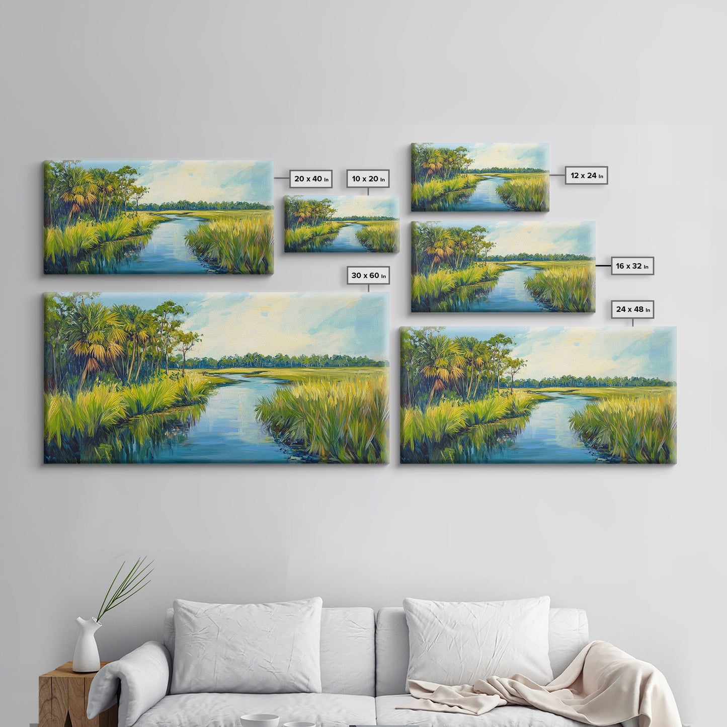 Marschlandschaft-Motiv, Palmenbild, tropische Landschaft, Küstendekor, grüne Wandkunst, rustikale Wandkunst, gerahmter Leinwanddruck