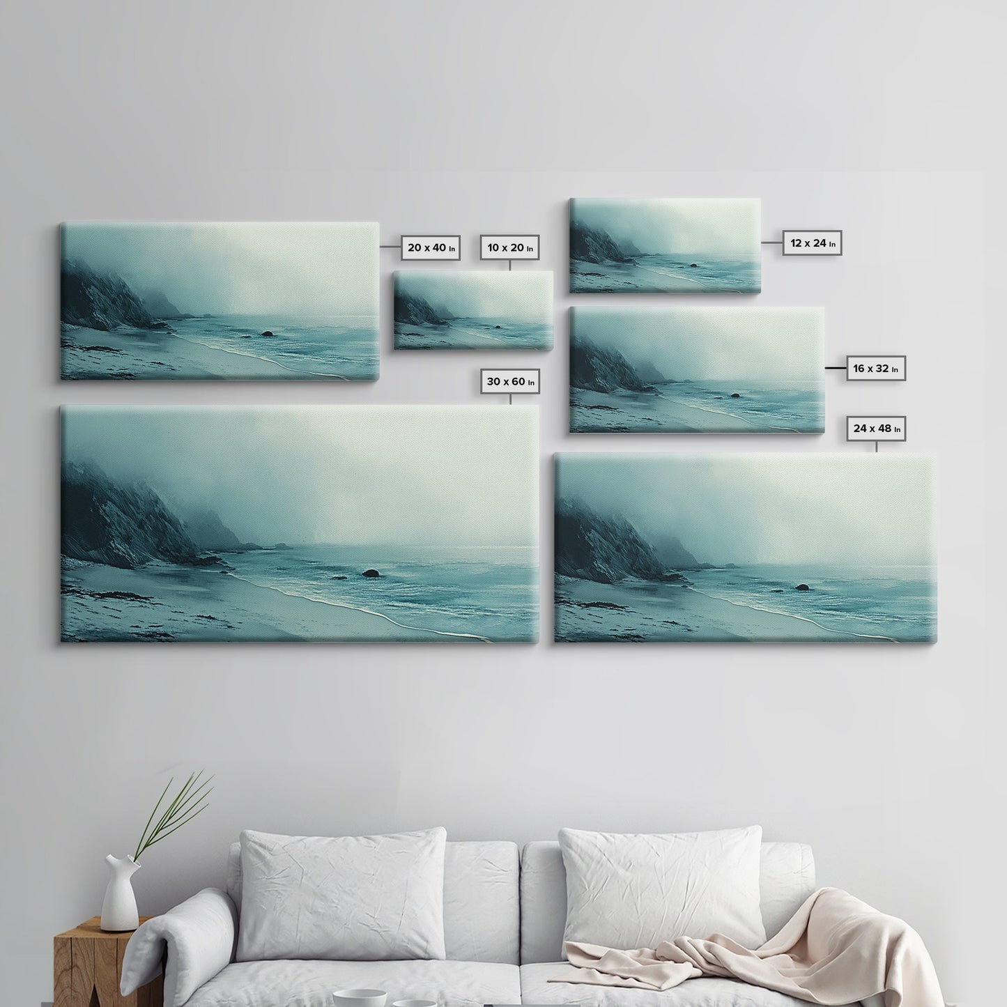 Nebelstrand, Küstenmotiv, maritime Malerei, stimmungsvolle Kunst, extrabreite Kunst, horizontale Wandkunst, Leinwanddruck, Schlafzimmerkunst