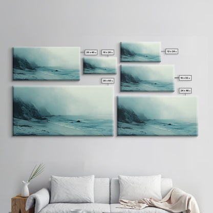 Nebelstrand, Küstenmotiv, maritime Malerei, stimmungsvolle Kunst, extrabreite Kunst, horizontale Wandkunst, Leinwanddruck, Schlafzimmerkunst