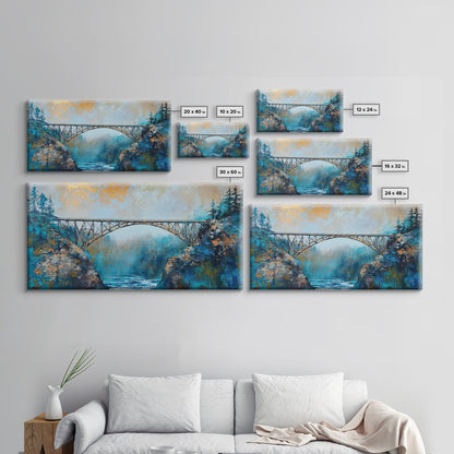 Stahlbrücke, Landschaftsmalerei, Berglandschaft, Panoramabild, gerahmter Leinwanddruck, Wandbild in Blau und Grün