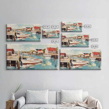 Hafenboote, Gemälde von Nantucket, Küstenmalerei, maritime Wandkunst, Fischergemälde, gerahmter Leinwanddruck, extra breites Kunstwerk