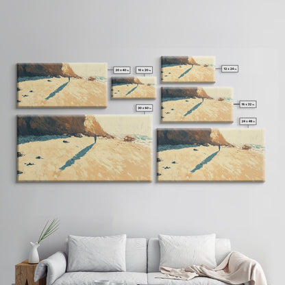 Lone Beach Wanderer, Framed Canvas Print, landscape painting, moody art, wabi sabi wall art, extra wide art, above bed wall art