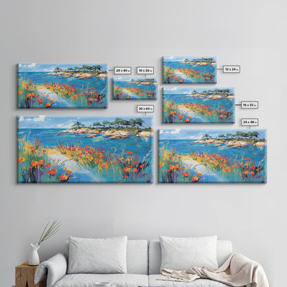 Coastal Poppies, Framed Canvas Print, California poppy art, coastal painting, wildflower painting, seascape art, above bed wall art
