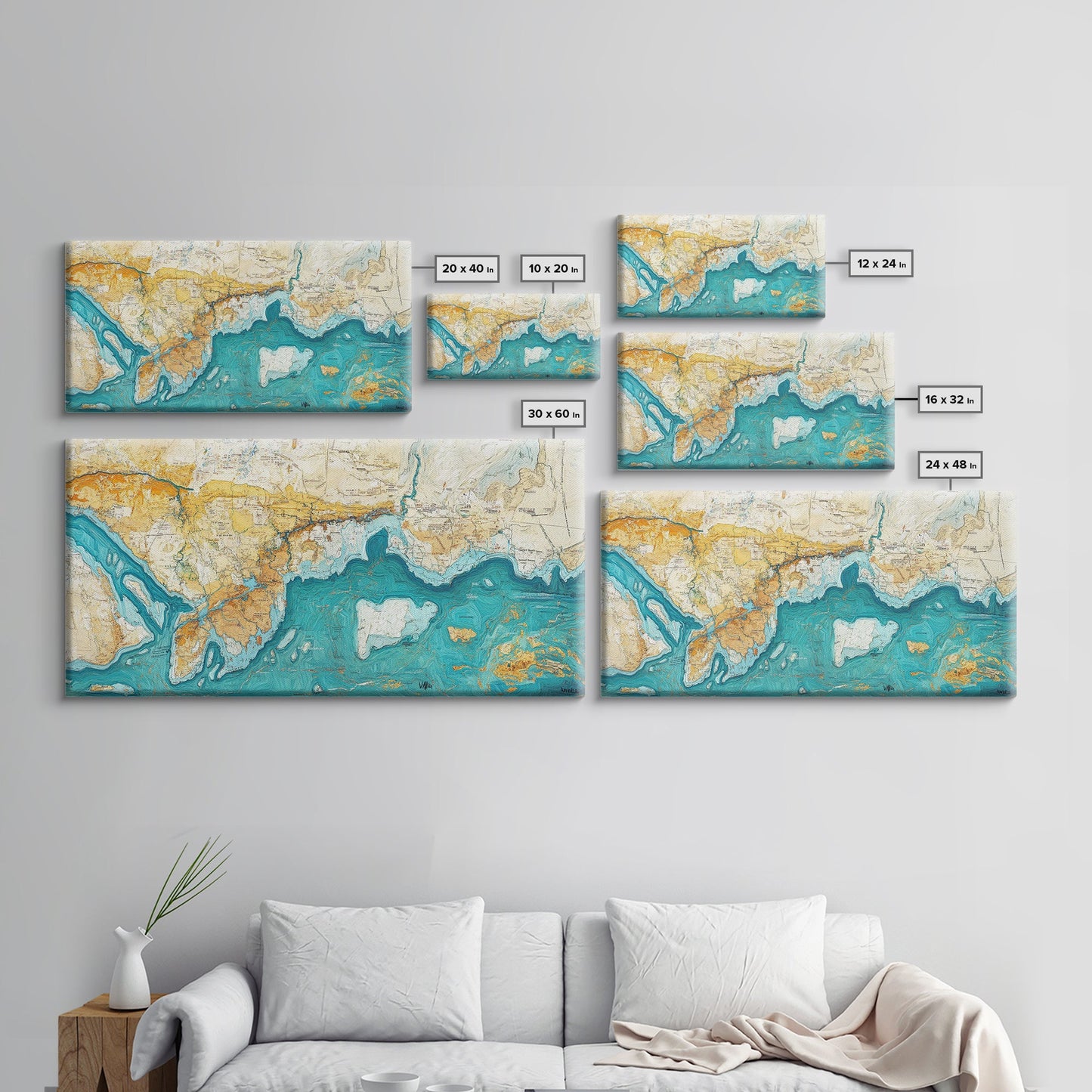 Abstract Map Art, Coastal Decor, Nautical Painting, Extra Wide Art, Framed Canvas Print, Blue and Green Wall Art