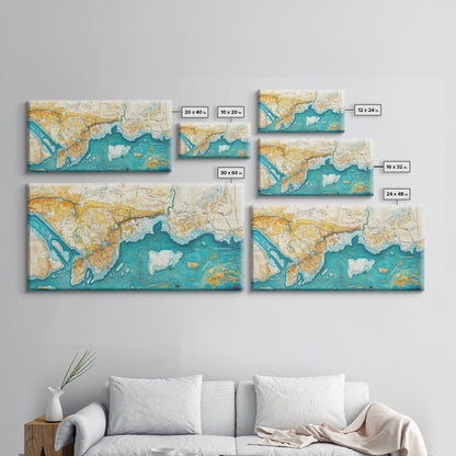 Abstract Map Art, Coastal Decor, Nautical Painting, Extra Wide Art, Framed Canvas Print, Blue and Green Wall Art