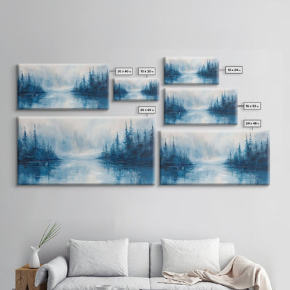 Neblige Seelandschaft, Stimmungsvolle Kunst, Kiefernlandschaft, Landschaftsgemälde, Gerahmter Leinwanddruck, Schlafzimmerkunst, Wandbild über dem Bett