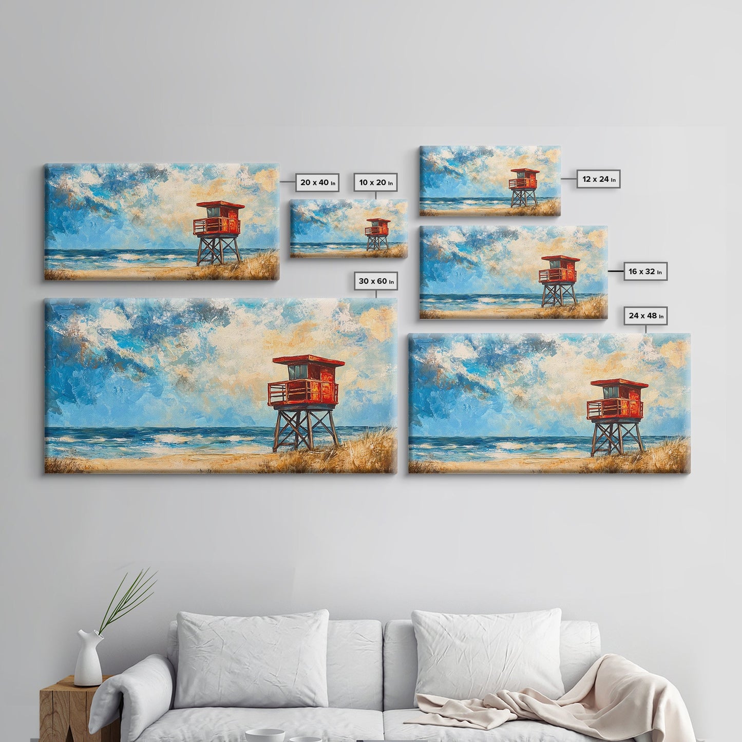 Lifeguard Tower, coastal landscape art, beach painting, seascape painting, nautical wall art, canvas print, horizontal wall art