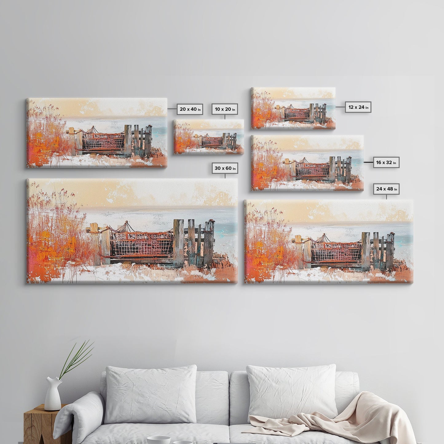 Rustic Dock, coastal decor, rustic art, farmhouse art, seascape painting, nautical painting, framed canvas print, extra wide art