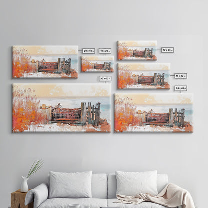 Rustic Dock, coastal decor, rustic art, farmhouse art, seascape painting, nautical painting, framed canvas print, extra wide art