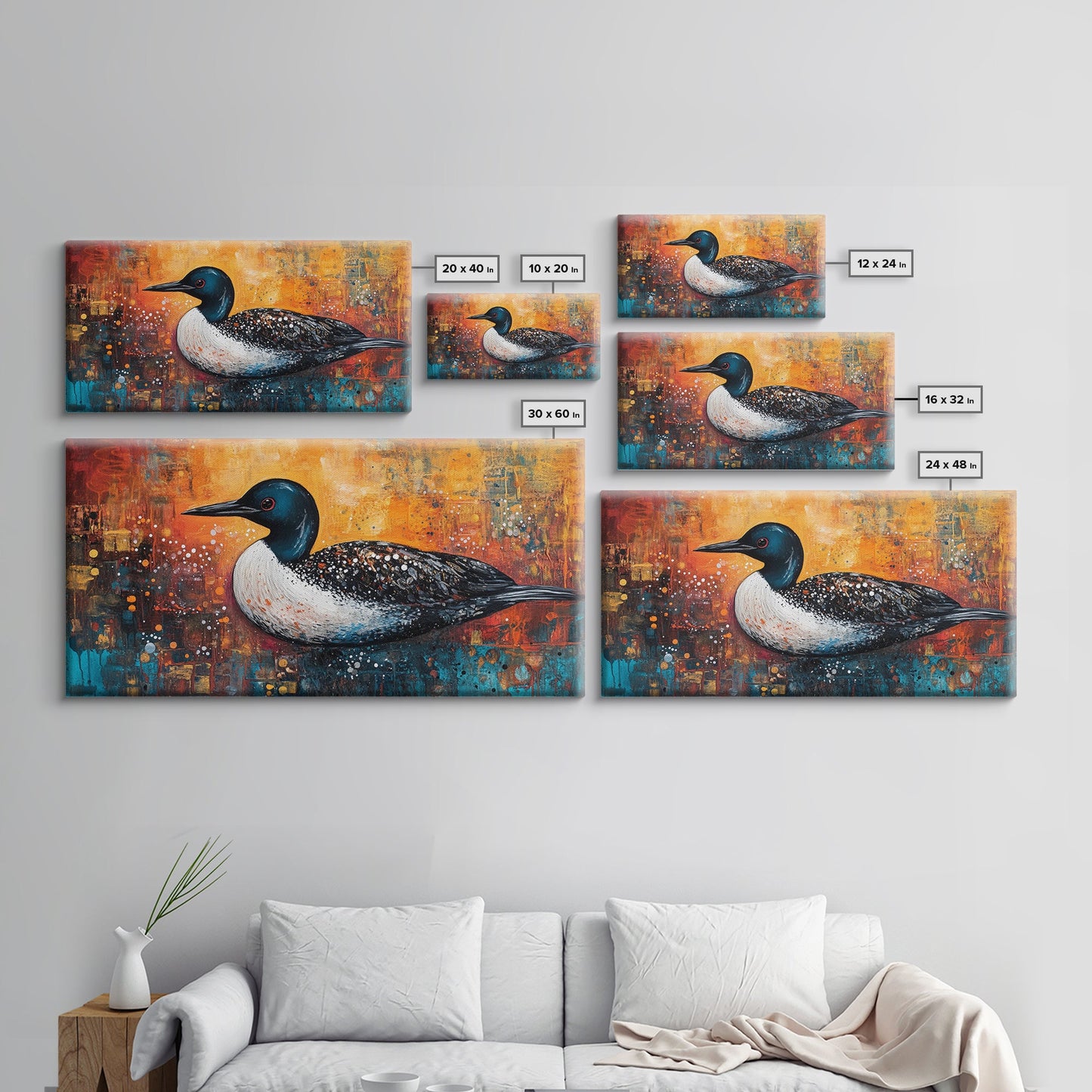 Gemälde eines Seetauchers, Vogelkunst, Tierkunst, Naturmalerei, Wandbild mit türkisfarbenem Motiv, gerahmter Leinwanddruck, Seedekor, rustikale Wandkunst