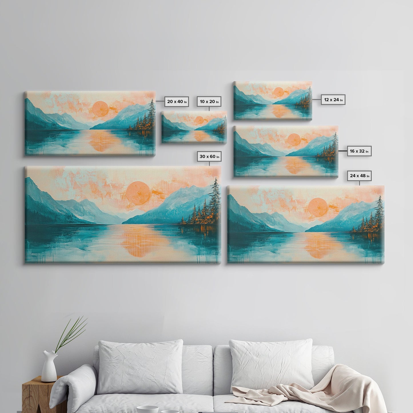 Sunset Lake, Kunst vom Lake Tahoe, gerahmter Leinwanddruck, rosa-orange Wandbild, horizontales Wandbild, Seestück, Küstendeko